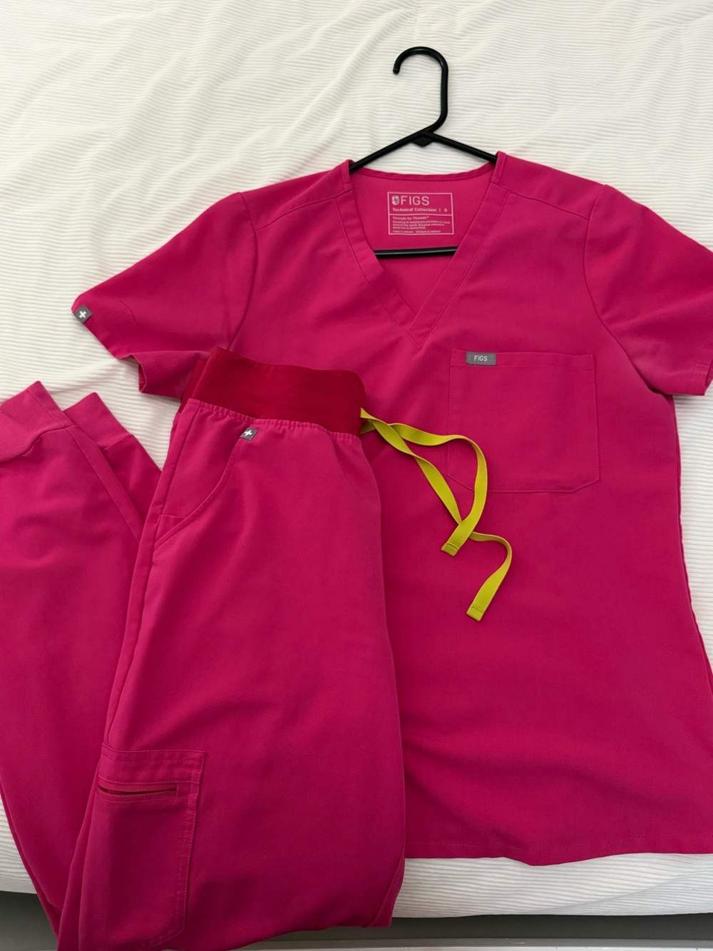 Figs Hot Pink Scrub Set with Lime Drawstring Accents